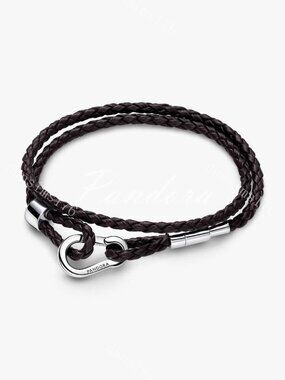 Pandora Moments Brown Braided Double Leather Bracelet